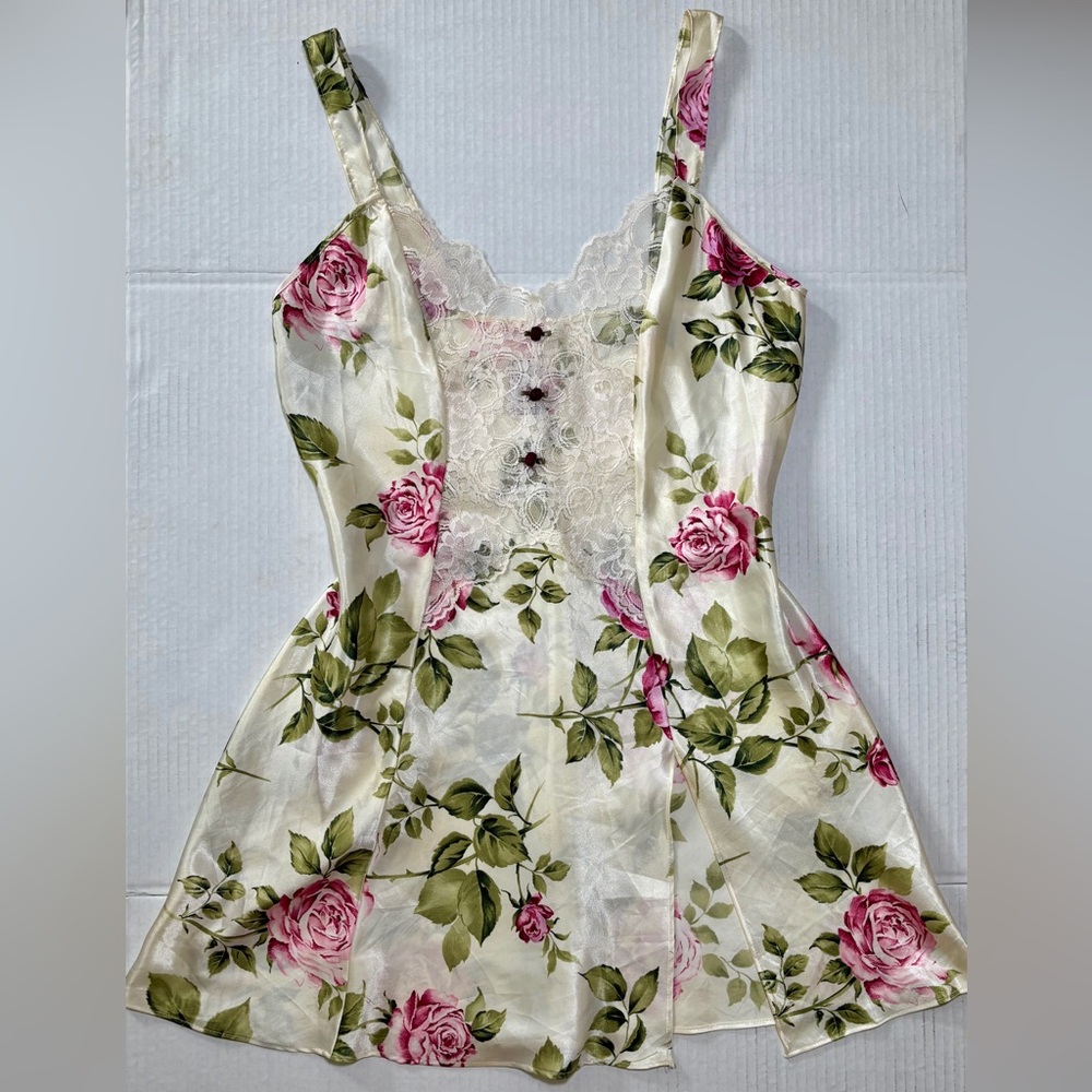 Vintage Satin Floral and Lace Side Slit Slip Dress by California Dynasty SZ L